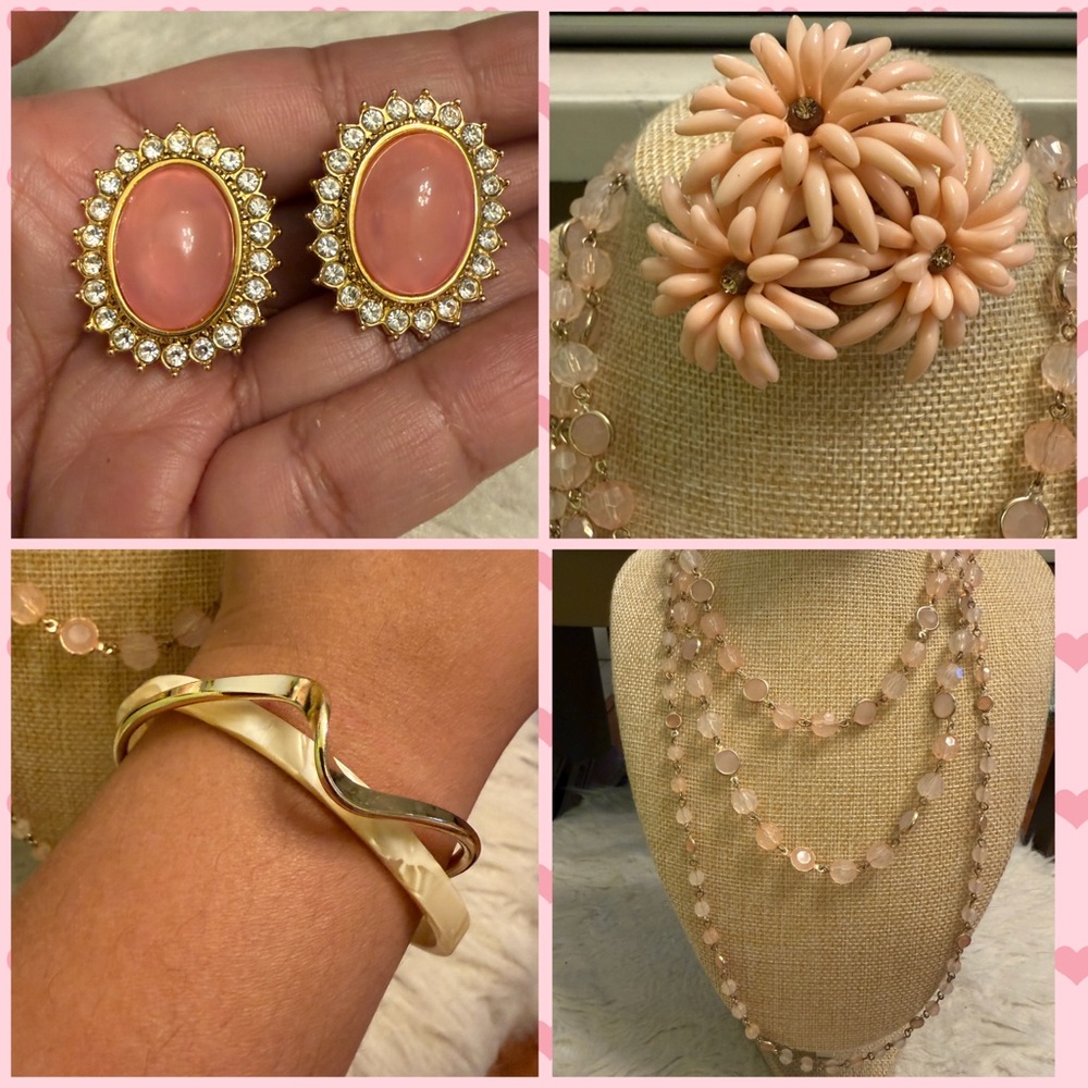 4 Piece Peach Necklace, Gold Twist Bracelet, Butler earrings, flower brooch